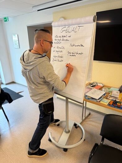 Eine Person schreibt am Flipchart.