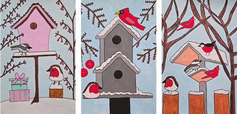 selbsstgemalte Bilder der Tagesbetreuung mit Wintermotiven.