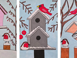 selbsstgemalte Bilder der Tagesbetreuung mit Wintermotiven.