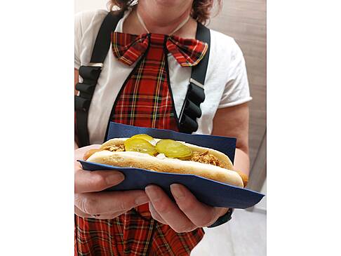 Eine Person hält einen Hot dog in den Händen.