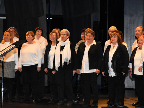 Viele Frauen stehen nebeneinander auf der Bühne.