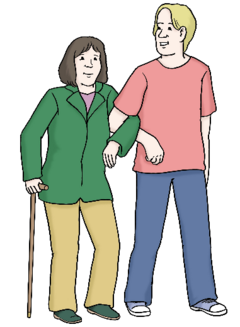 Mann führt Frau am Stock