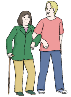 Mann führt Frau am Stock