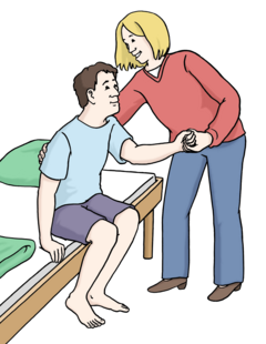 Piktogramm. Frau fasst Mann an der auf der Bettkante sitzt.