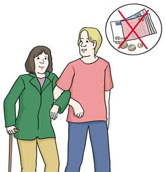 Zwei Menschen sind eingehart. Gedankenblase3 worin Geld durchgestrichen ist.