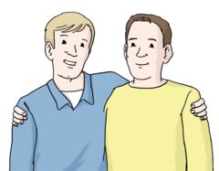 Zwei Männer haben sich im Arm und lachen.