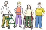 Vier Personen mit und ohne Hilfesmittel.