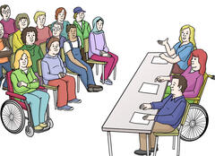 Menschen sitzen vorne und berichten andern Menschen.