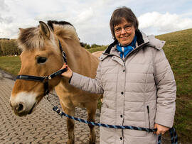 Eine Frau hält ein Pferd am Halfter