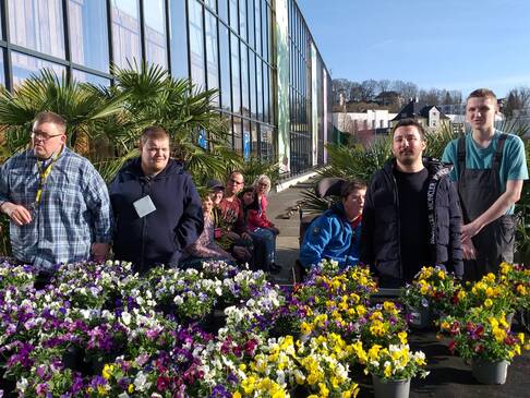 Gruppenfoto zwischen Blumen.