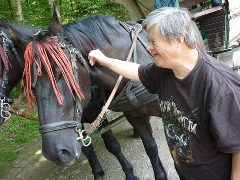 Ein Mann streichelt ein Pferd.