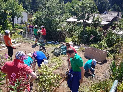 Viele Personen arbeiten im Garten.