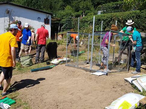 Viele Personen arbeiten im Garten.