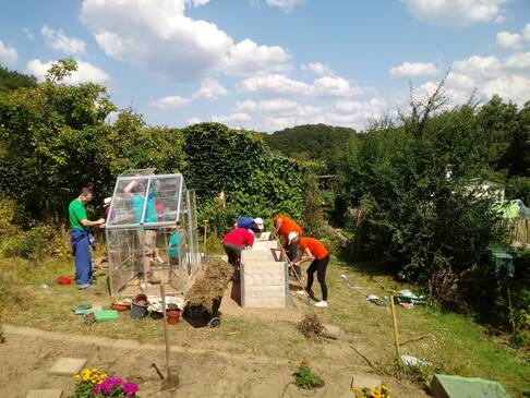 Viele Personen arbeiten im Garten.