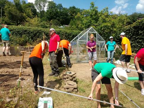 Viele Personen arbeiten im Garten.