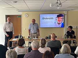 Dr. Wolfgang Schröder (Mitte, stehend) spricht vor den Versammelten der Lebenshilfe Lüdenscheid – Märkischer Kreis e.V.; links neben ihm steht Stephan Thiel, im Hintergrund ist die Präsentationsfolie „Rechenschaftsbericht 2025 des Vorstandes" zu sehen.