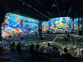 In einer weitläufigen, abgedunkelten Halle betrachten Menschen eine farbenfrohe Unterwasserwelt, die auf große Leinwände projiziert wird. Die Lichtinstallation zeigt bunte Korallenriffe und zahlreiche Fische in leuchtenden Farben.