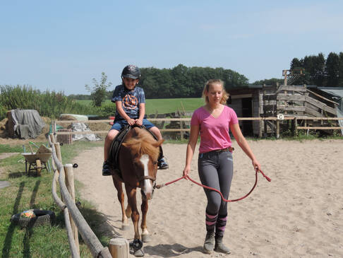 Ein Kind sitzt auf einem Pferd und wird über den Reitplatz geführt.