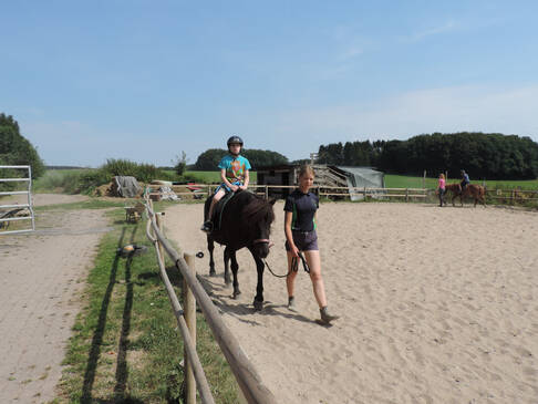 Ein Kind sitzt auf einem Pferd und wird über den Reitplatz geführt.