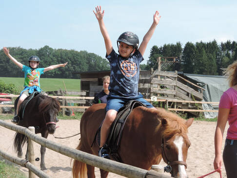 Ein Kind sitzt auf einem Pferd und wird über den Reitplatz geführt.