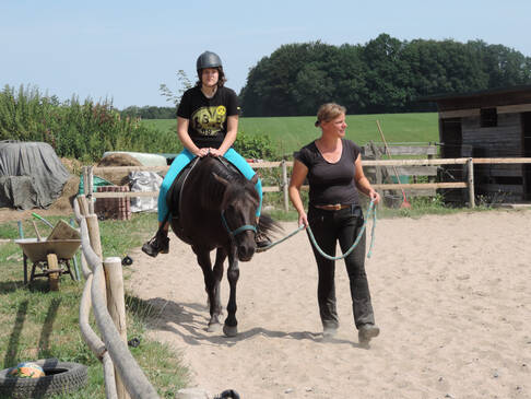 Eine Frau sitzt auf einem Pferd und wird über den Reitplatz geführt.