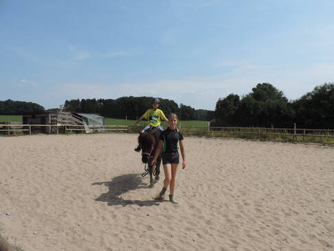 Ein Kind sitzt auf einem Pferd und wird über den Reitplatz geführt.