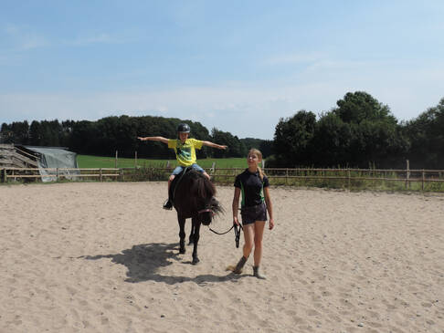 Ein Kind sitzt auf einem Pferd und wird über den Reitplatz geführt.