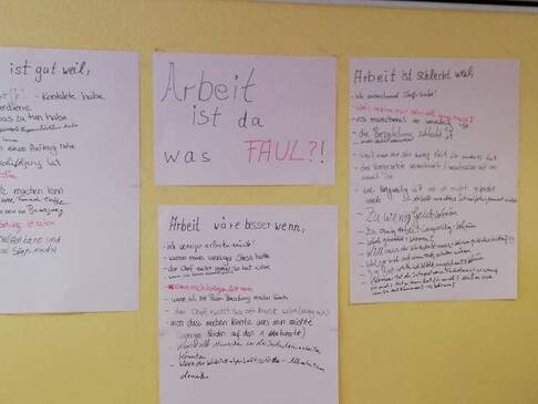 Mehrere Blätter mit Stichworten hängen an der Wand.