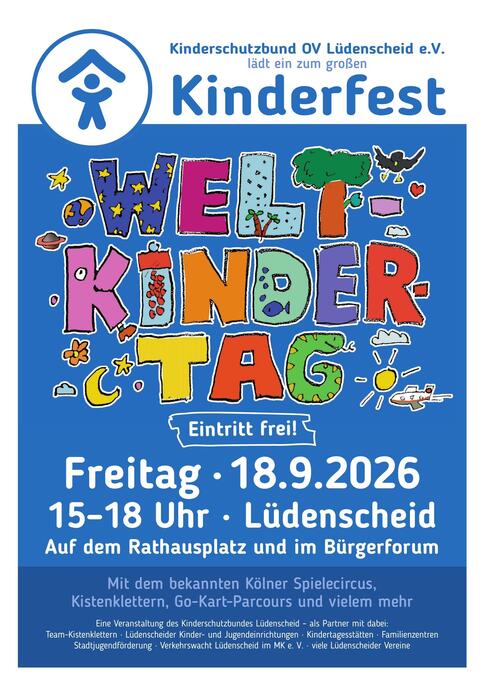 Plakat zum Kinderfest am 18.09.2026 mit der bunten Aufschrift Weltkindertag Plakat zum Kinderfest am 18.09.2026 mit der bunten Aufschrift Weltkindertag
